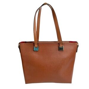 Faux Leather Brown Double Handle Red Lined Tote Bag Purse